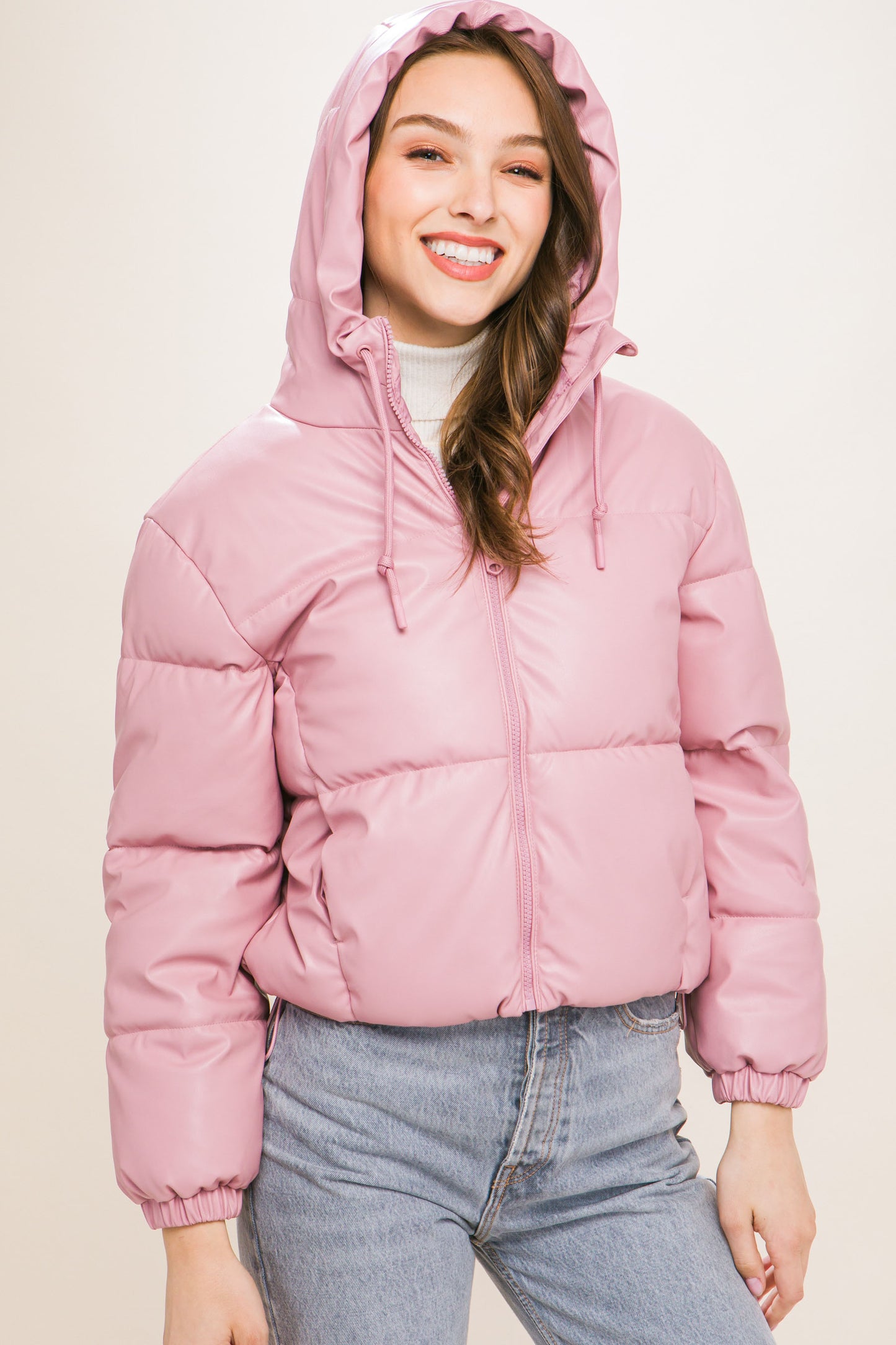 Faux Leather Zipper Hooded Puffer Jacket – Polyurethane, Comfortable & On-Trend Puffer Style, Versatile for Any Occasion, Adds a Pop of Color