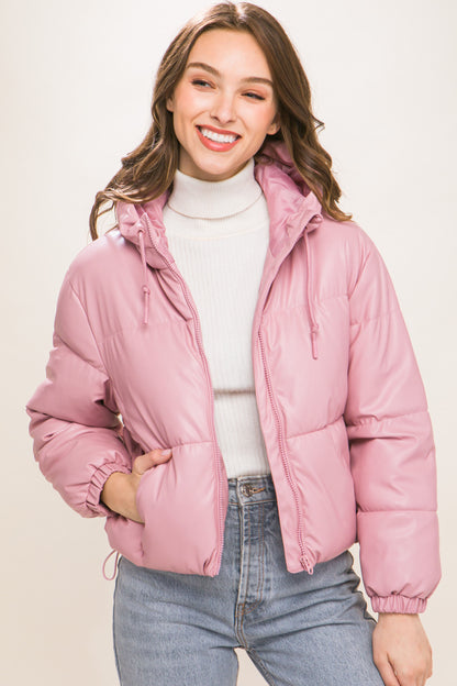 Faux Leather Zipper Hooded Puffer Jacket – Polyurethane, Comfortable & On-Trend Puffer Style, Versatile for Any Occasion, Adds a Pop of Color