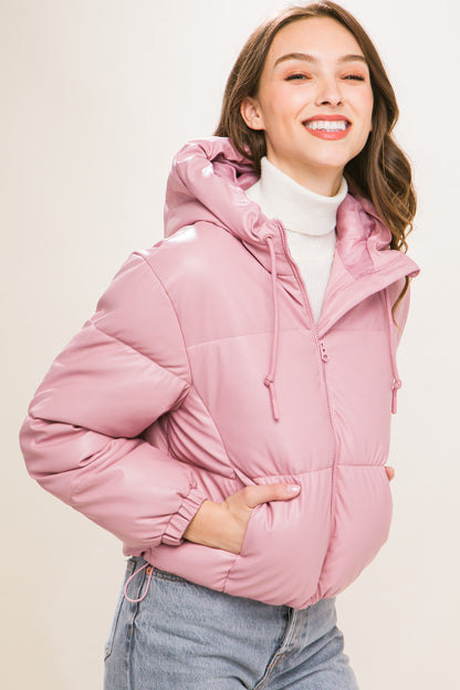 Faux Leather Zipper Hooded Puffer Jacket – Polyurethane, Comfortable & On-Trend Puffer Style, Versatile for Any Occasion, Adds a Pop of Color