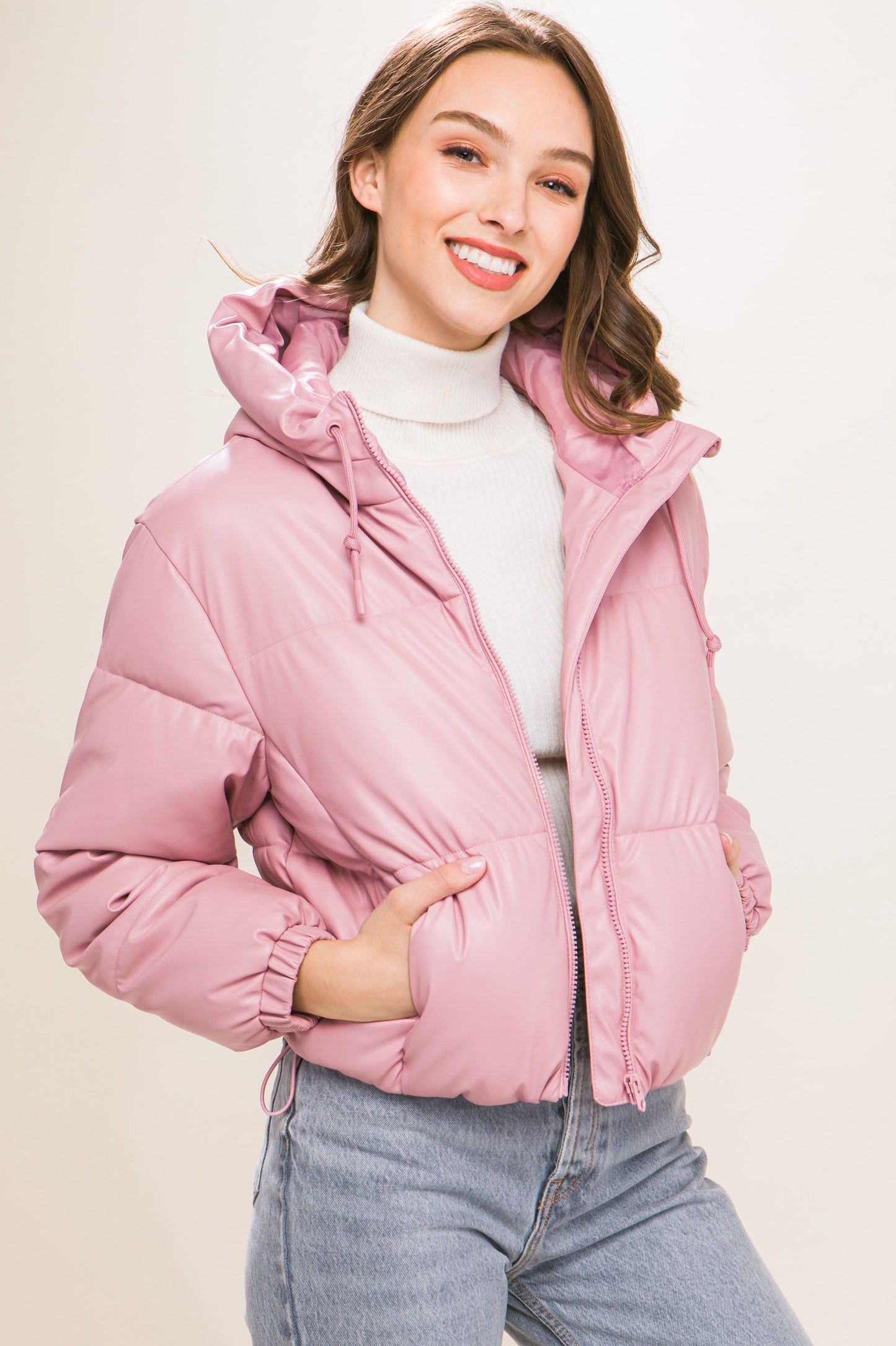 Faux Leather Zipper Hooded Puffer Jacket – Polyurethane, Comfortable & On-Trend Puffer Style, Versatile for Any Occasion, Adds a Pop of Color