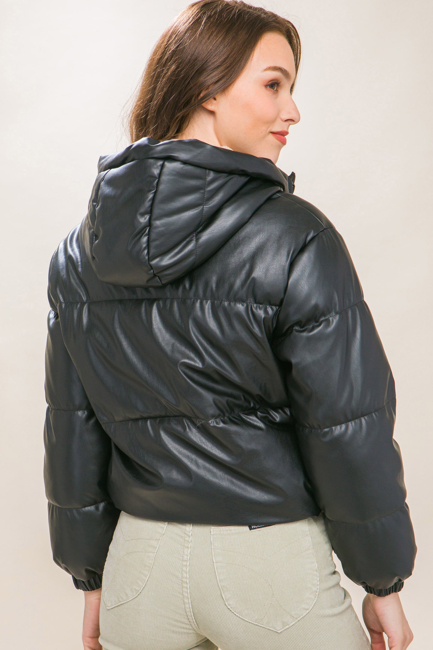 Faux Leather Zipper Hooded Puffer Jacket – Polyurethane, Comfortable & On-Trend Puffer Style, Versatile for Any Occasion, Adds a Pop of Color