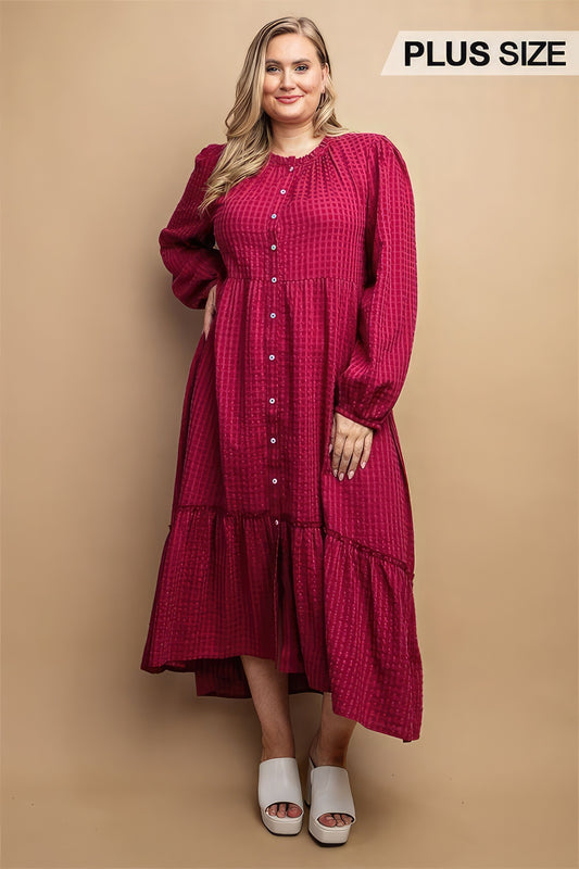 Plum Plaid Button-Down Maxi Dress – Hi-Low Hem, Effortlessly Flattering Fit, Luxe Cotton & Rayon Blend