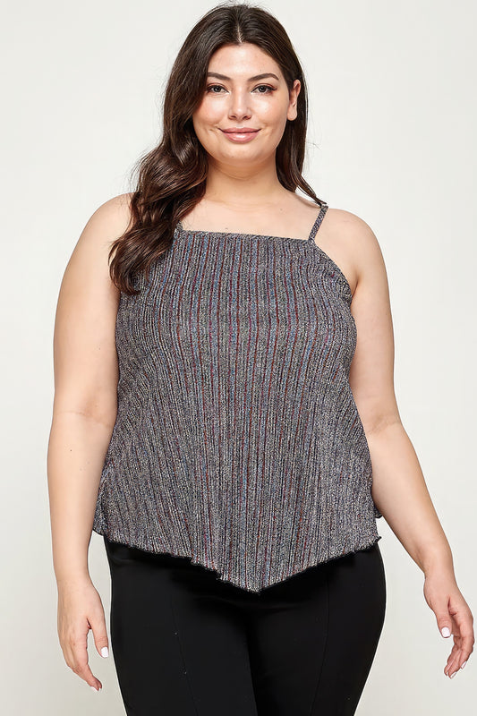 Plus Size Metallic Stripe Handkerchief Cami Top – Asymmetrical Hem, Back Tie Detail, and Relaxed Fit for a Chic, Contemporary Look