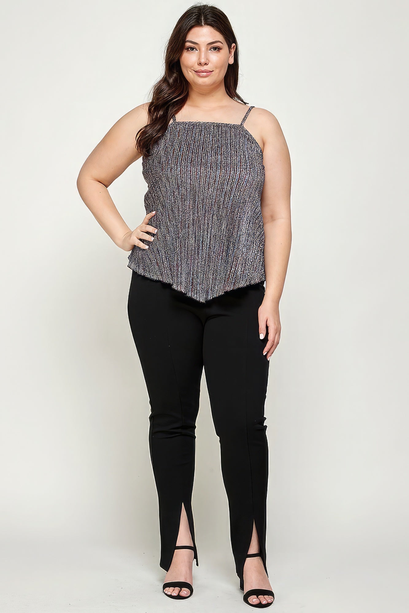 Plus Size Metallic Stripe Handkerchief Cami Top – Asymmetrical Hem, Back Tie Detail, and Relaxed Fit for a Chic, Contemporary Look