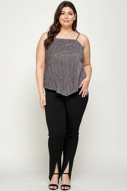 Plus Size Metallic Stripe Handkerchief Cami Top – Asymmetrical Hem, Back Tie Detail, and Relaxed Fit for a Chic, Contemporary Look