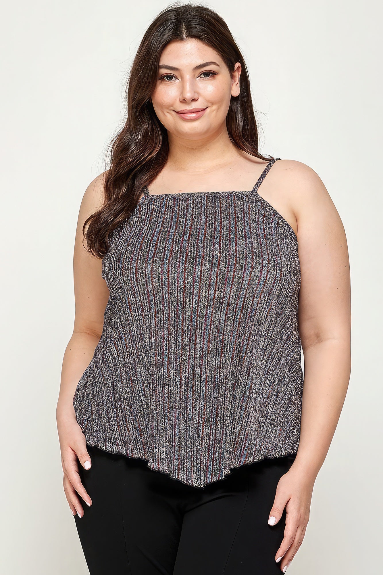 Plus Size Metallic Stripe Handkerchief Cami Top – Asymmetrical Hem, Back Tie Detail, and Relaxed Fit for a Chic, Contemporary Look