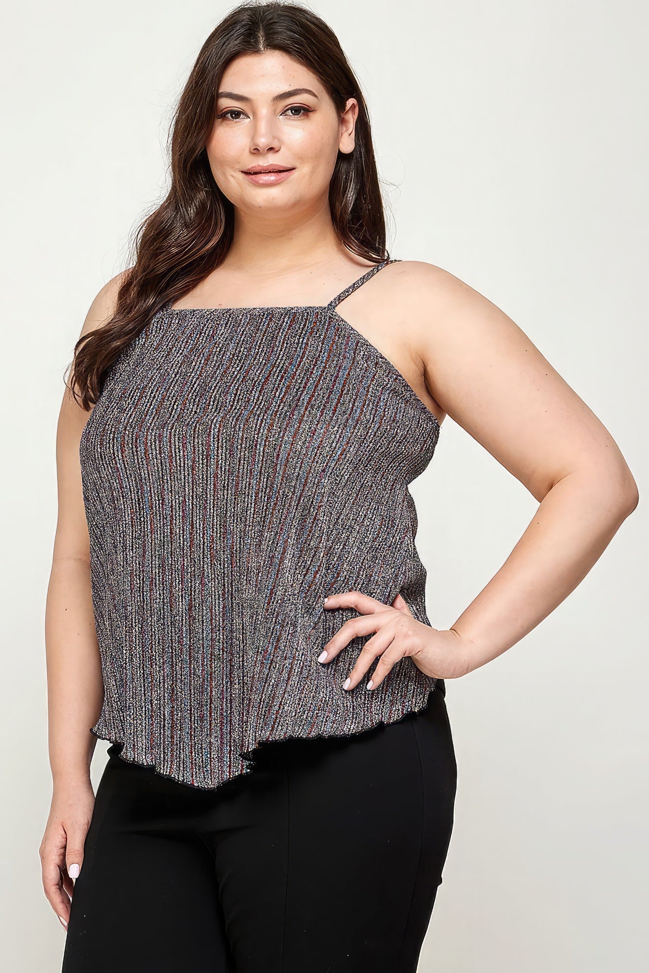 Plus Size Metallic Stripe Handkerchief Cami Top – Asymmetrical Hem, Back Tie Detail, and Relaxed Fit for a Chic, Contemporary Look