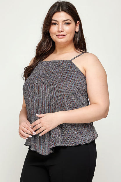 Plus Size Metallic Stripe Handkerchief Cami Top – Asymmetrical Hem, Back Tie Detail, and Relaxed Fit for a Chic, Contemporary Look