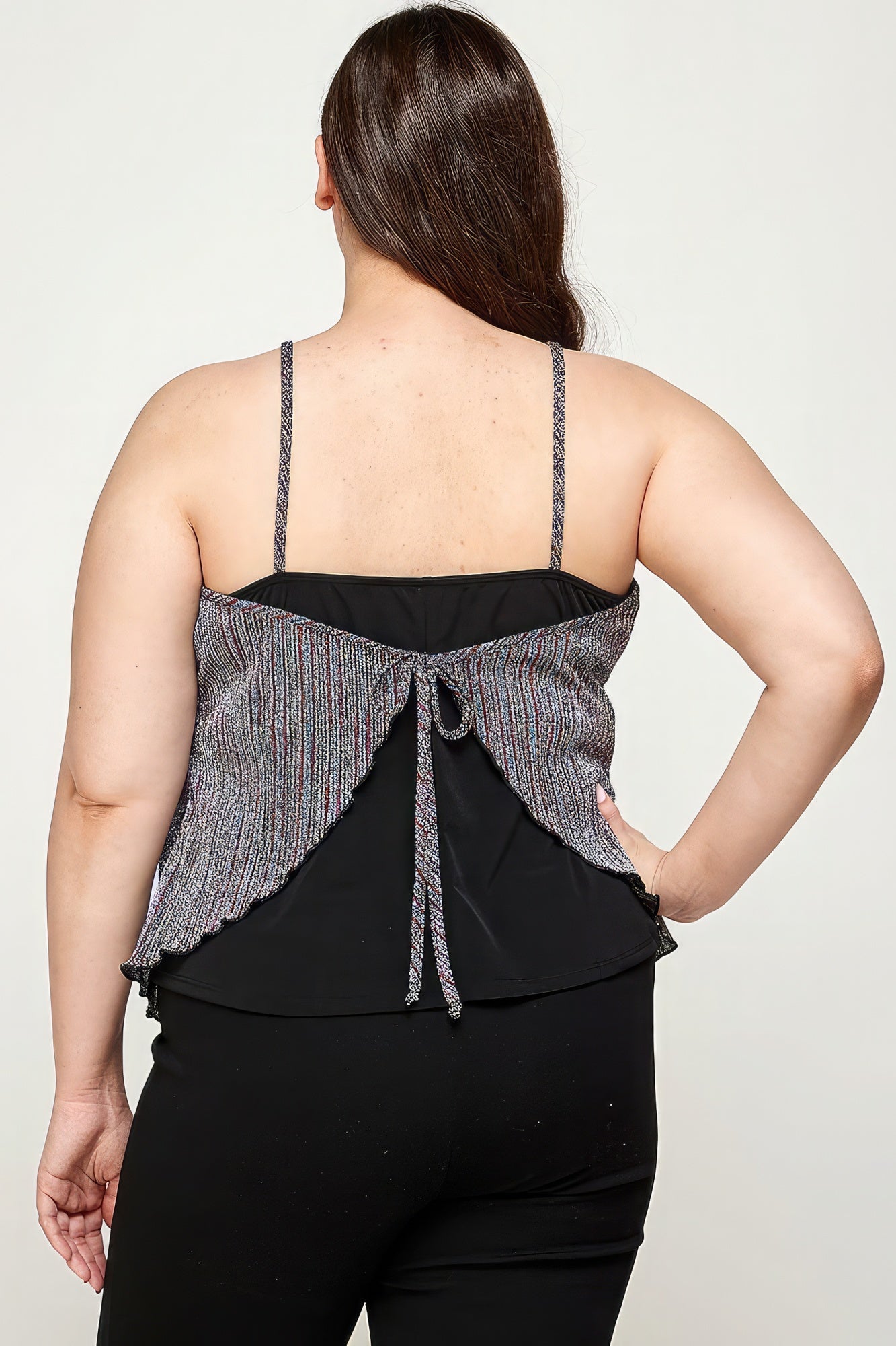 Plus Size Metallic Stripe Handkerchief Cami Top – Asymmetrical Hem, Back Tie Detail, and Relaxed Fit for a Chic, Contemporary Look