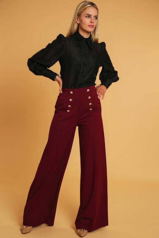 High Waisted Wide-Leg Dressy Pants –  Button Detail and Comfortable Polyester Fabric for a Sophisticated Look