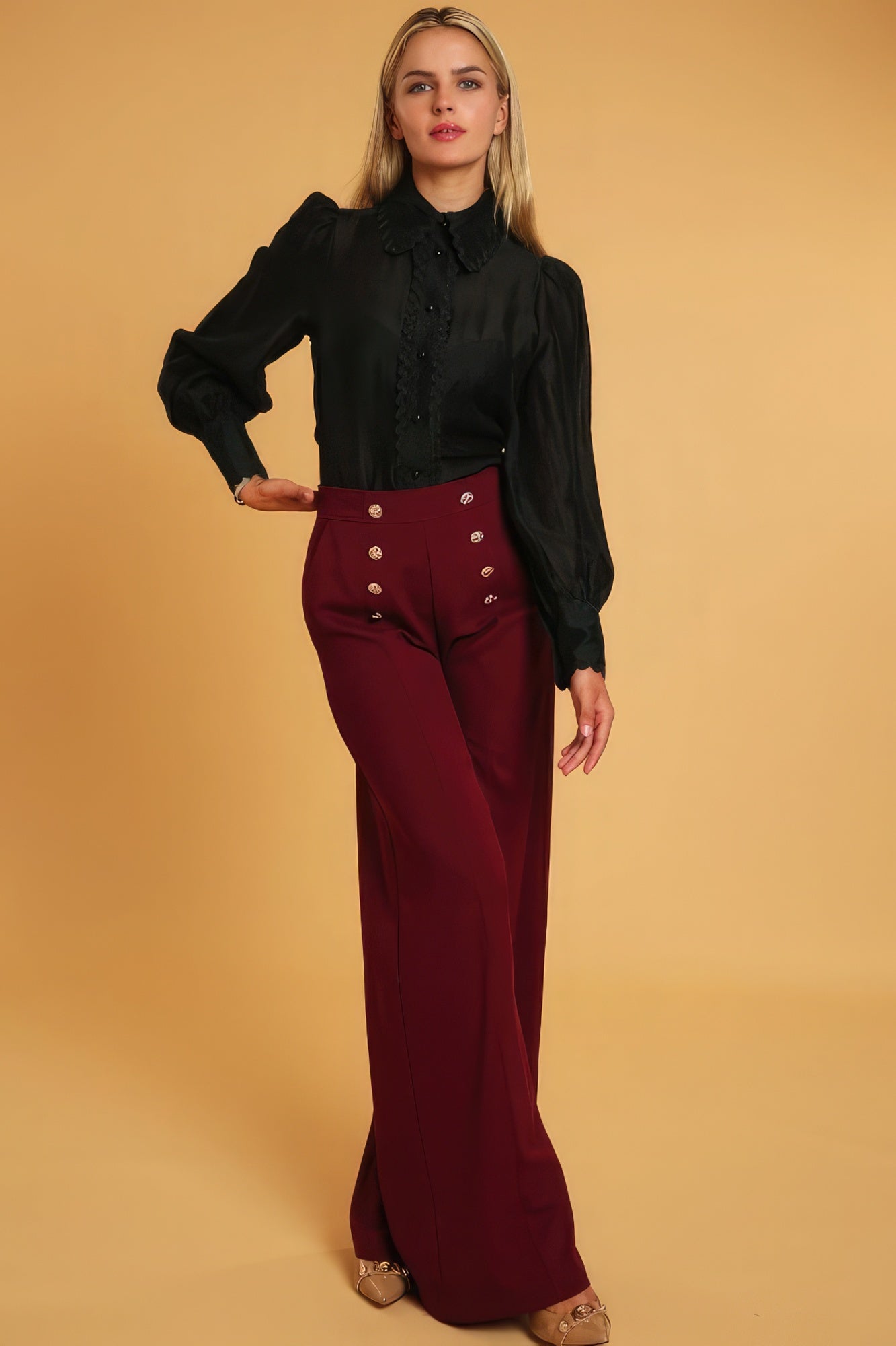 High Waisted Wide-Leg Dressy Pants –  Button Detail and Comfortable Polyester Fabric for a Sophisticated Look