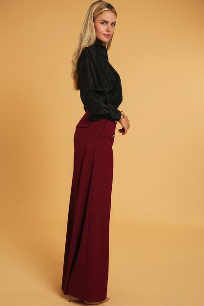 High Waisted Wide-Leg Dressy Pants –  Button Detail and Comfortable Polyester Fabric for a Sophisticated Look