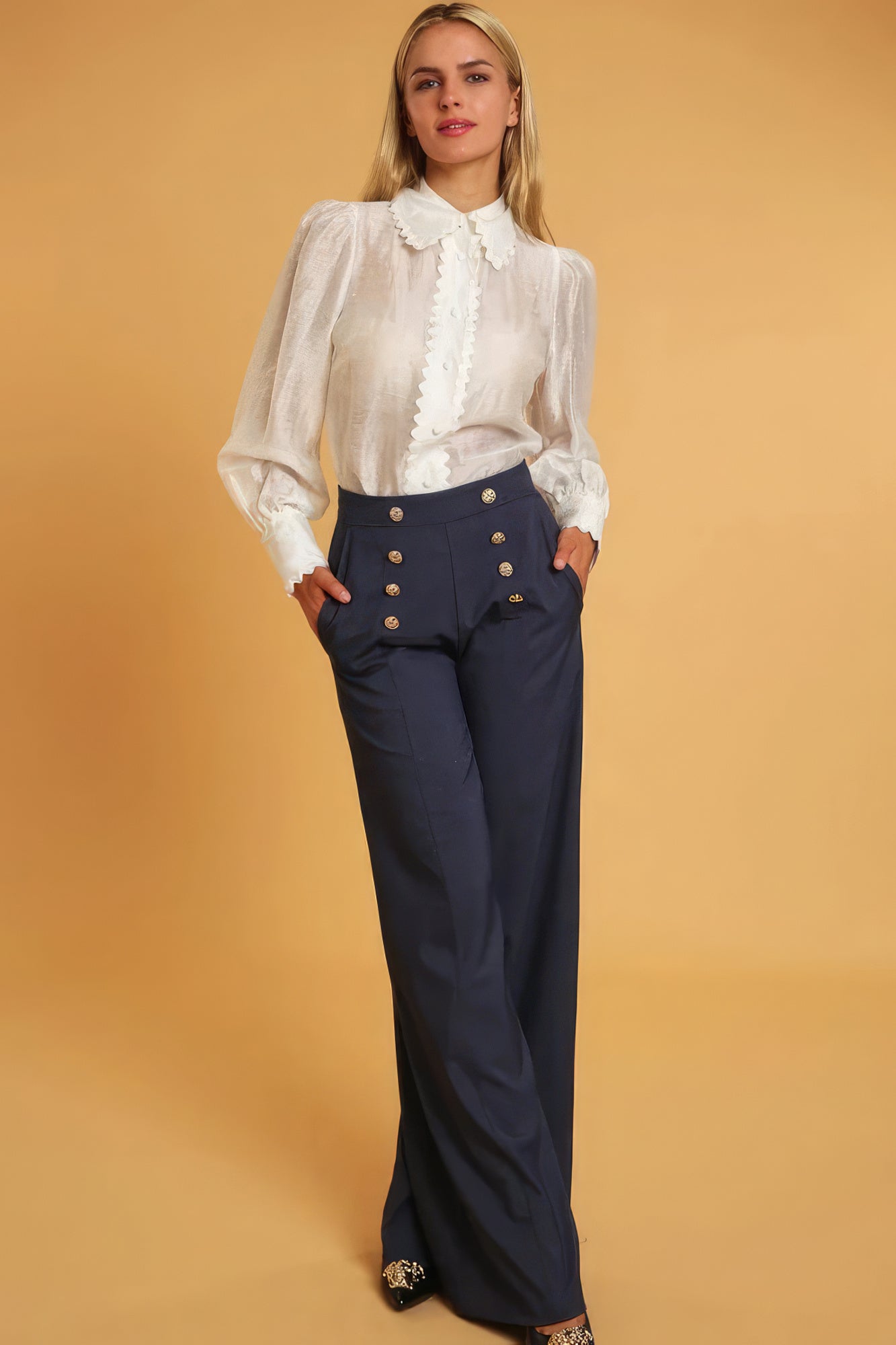 High Waisted Wide-Leg Dressy Pants –  Button Detail and Comfortable Polyester Fabric for a Sophisticated Look