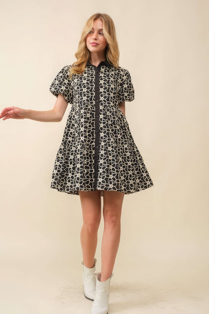 Jacquard Floral Baby Doll Dress – Elegant Collar Neck with Button-Down Front, Bubble Sleeves, and Intricate Floral Pattern in Soft Cotton Fabric