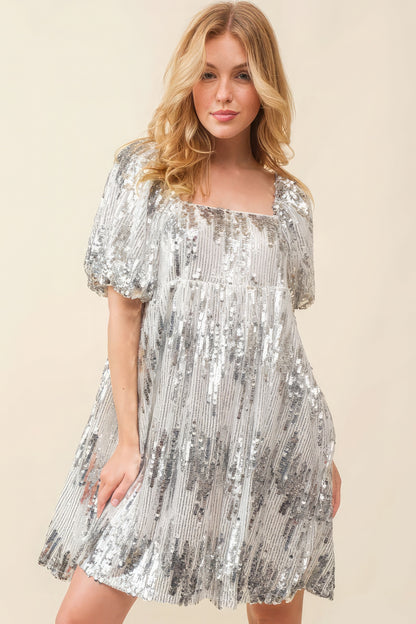 Sequin Babydoll Mini Dress – Polyester, Square Neck, Bubble Short Sleeves, Elastic Waist, Sparkling Sequin Detail, Perfect for Parties & Nights Out