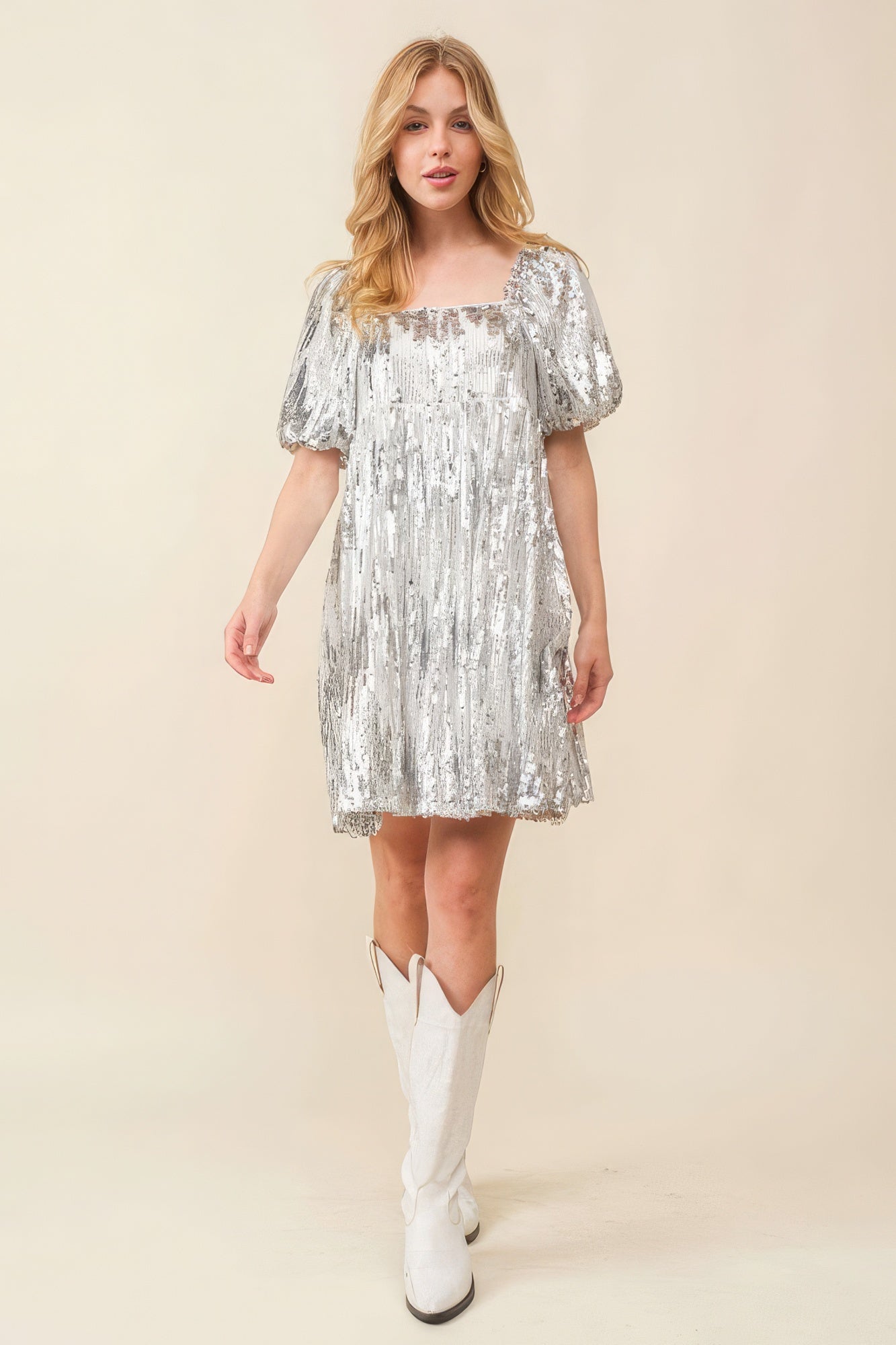 Sequin Babydoll Mini Dress – Polyester, Square Neck, Bubble Short Sleeves, Elastic Waist, Sparkling Sequin Detail, Perfect for Parties & Nights Out