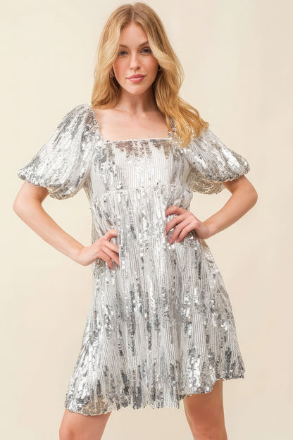 Sequin Babydoll Mini Dress – Polyester, Square Neck, Bubble Short Sleeves, Elastic Waist, Sparkling Sequin Detail, Perfect for Parties & Nights Out