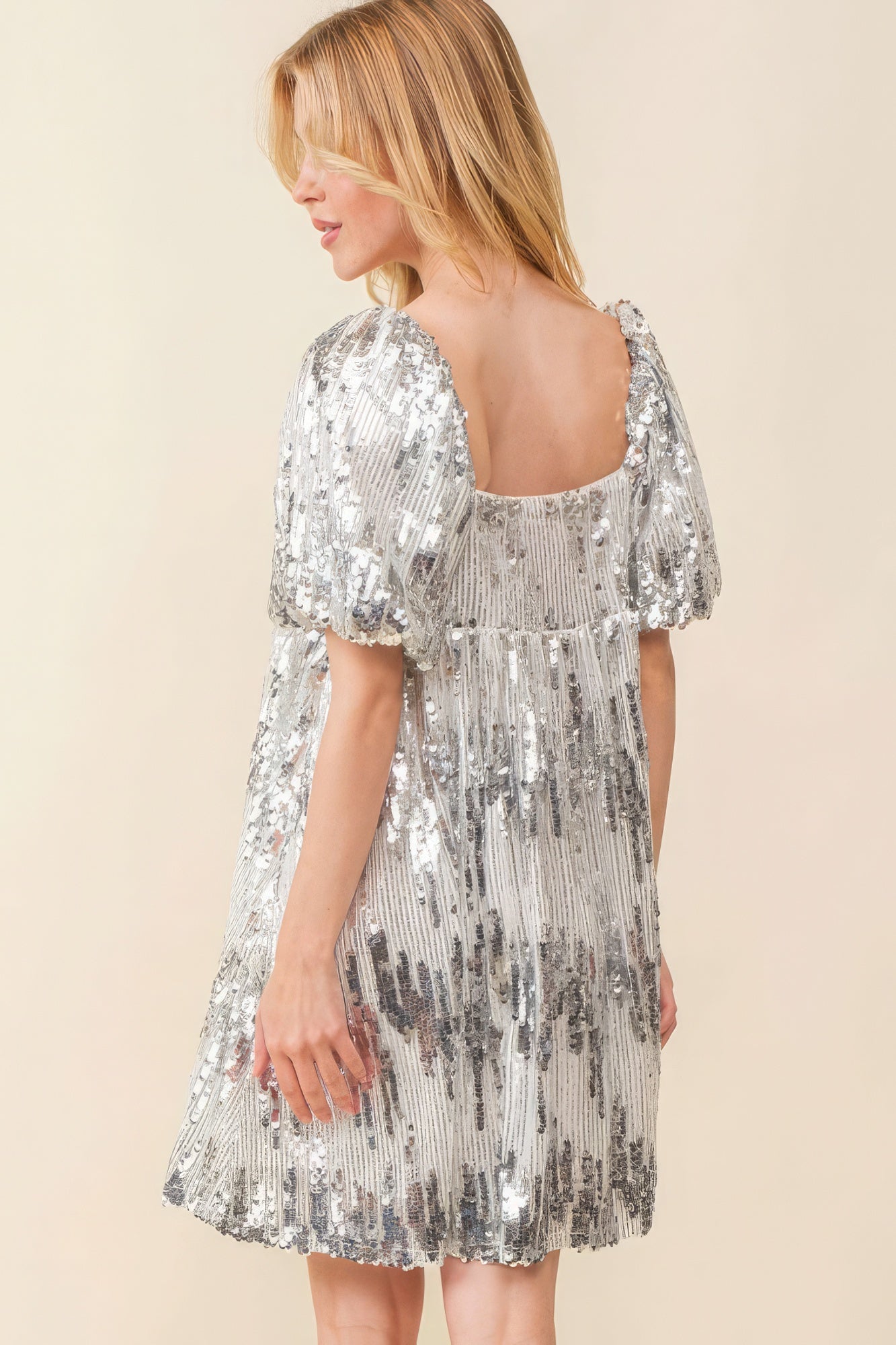 Sequin Babydoll Mini Dress – Polyester, Square Neck, Bubble Short Sleeves, Elastic Waist, Sparkling Sequin Detail, Perfect for Parties & Nights Out