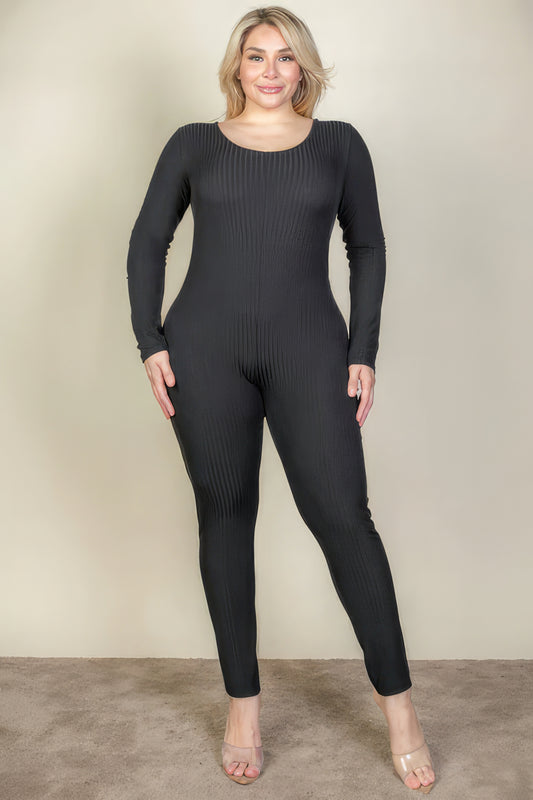 Plus Size Ribbed Scoop Neck Long Sleeve Jumpsuit – Soft Polyester & Spandex, Comfortable Fit, Ideal for Lounging, Shopping, and Daily Activities, Perfect for Spring & Fall