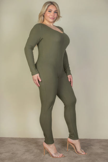 Plus Size Ribbed Scoop Neck Long Sleeve Jumpsuit – Soft Polyester & Spandex, Comfortable Fit, Ideal for Lounging, Shopping, and Daily Activities, Perfect for Spring & Fall