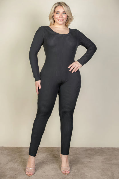 Plus Size Ribbed Scoop Neck Long Sleeve Jumpsuit – Soft Polyester & Spandex, Comfortable Fit, Ideal for Lounging, Shopping, and Daily Activities, Perfect for Spring & Fall