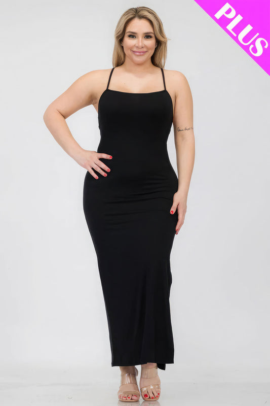 Plus Size Crisscross Back Split Thigh Maxi Dress – Polyester & Spandex, Alluring Split Thigh and Crisscross Back Design, Perfect for Special Events & Evening Outings