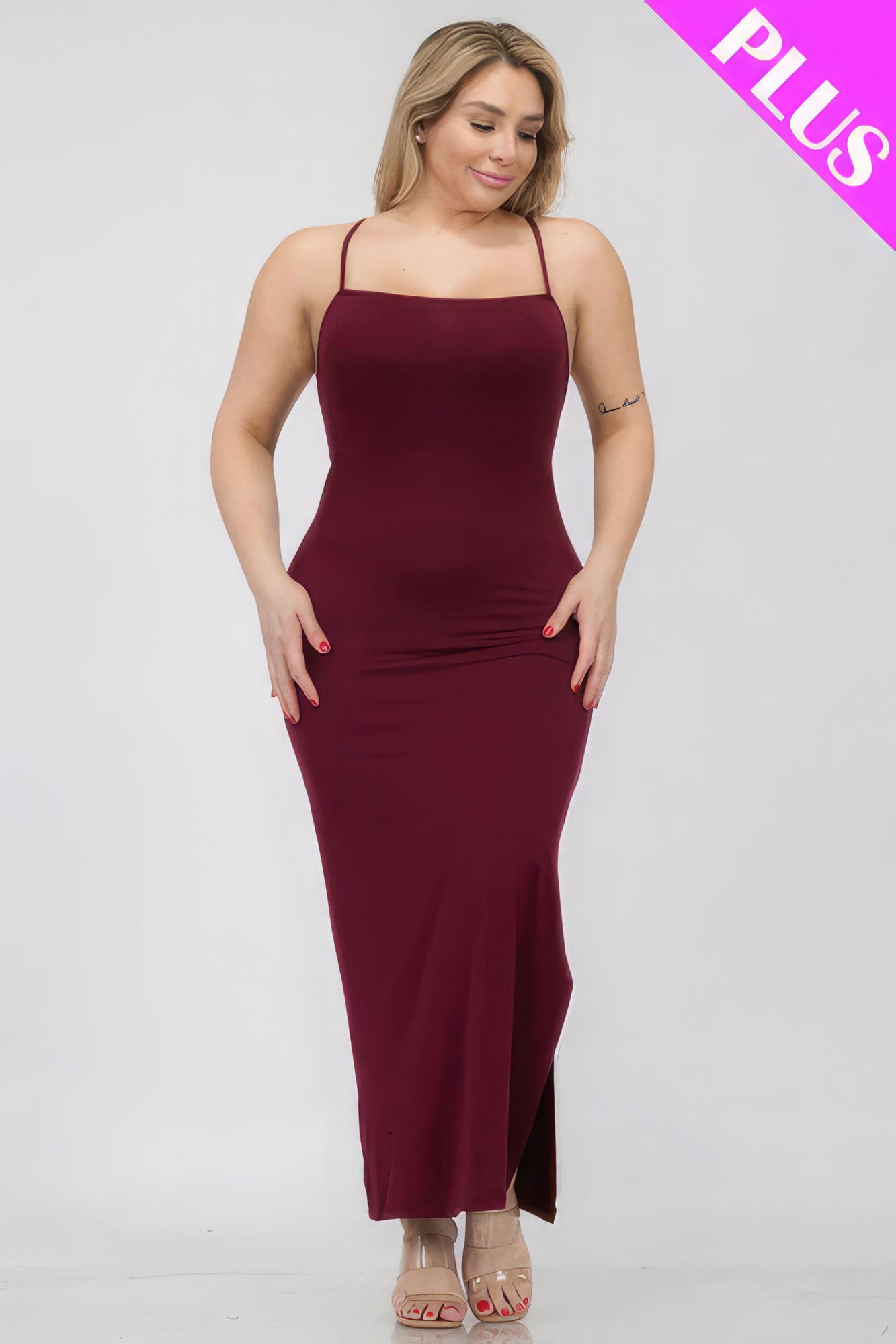 Plus Size Crisscross Back Split Thigh Maxi Dress – Polyester & Spandex, Alluring Split Thigh and Crisscross Back Design, Perfect for Special Events & Evening Outings