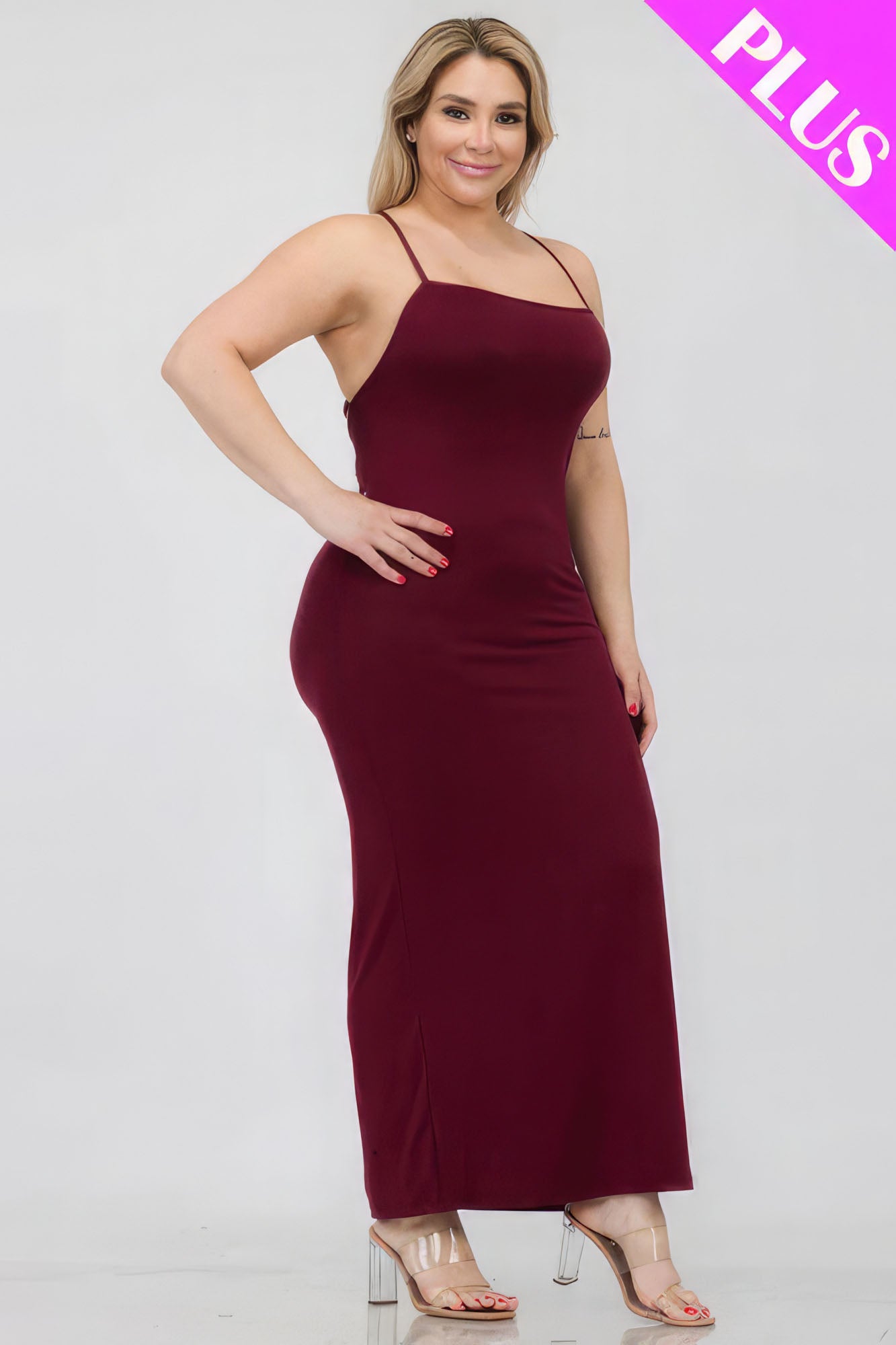 Plus Size Crisscross Back Split Thigh Maxi Dress – Polyester & Spandex, Alluring Split Thigh and Crisscross Back Design, Perfect for Special Events & Evening Outings