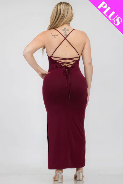 Plus Size Crisscross Back Split Thigh Maxi Dress – Polyester & Spandex, Alluring Split Thigh and Crisscross Back Design, Perfect for Special Events & Evening Outings