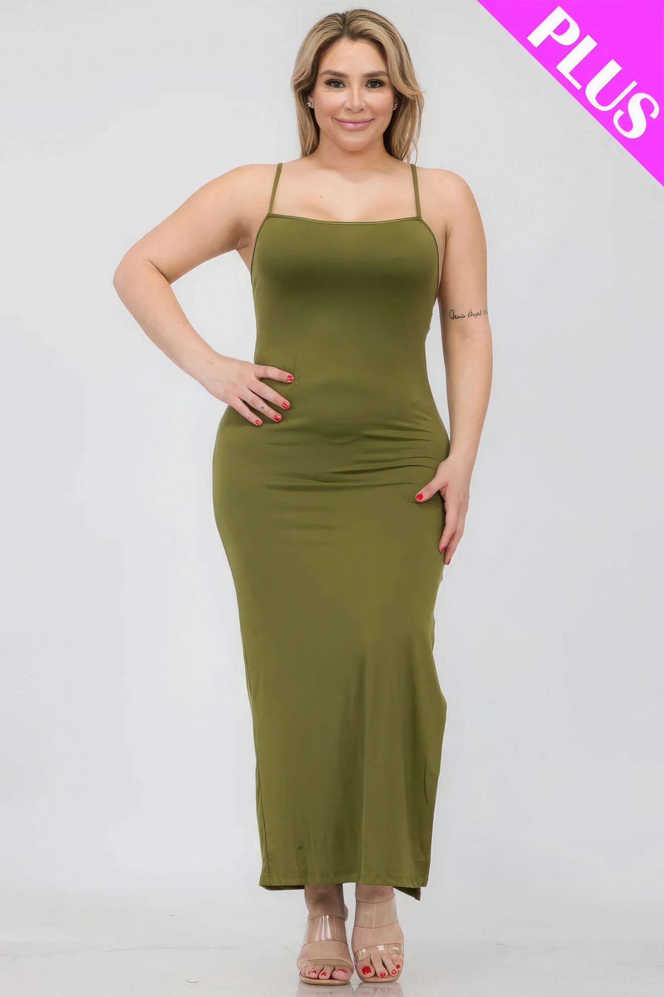 Plus Size Crisscross Back Split Thigh Maxi Dress – Polyester & Spandex, Alluring Split Thigh and Crisscross Back Design, Perfect for Special Events & Evening Outings