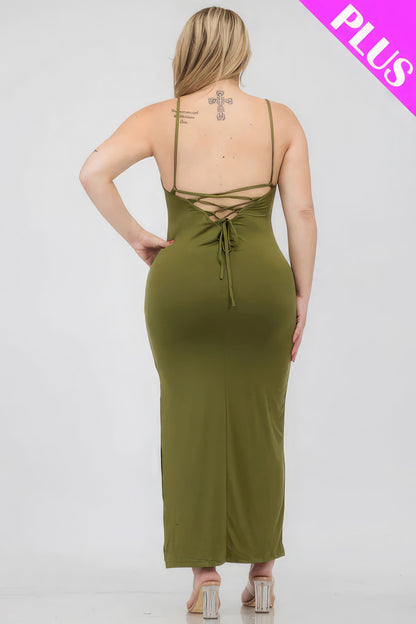 Plus Size Crisscross Back Split Thigh Maxi Dress – Polyester & Spandex, Alluring Split Thigh and Crisscross Back Design, Perfect for Special Events & Evening Outings