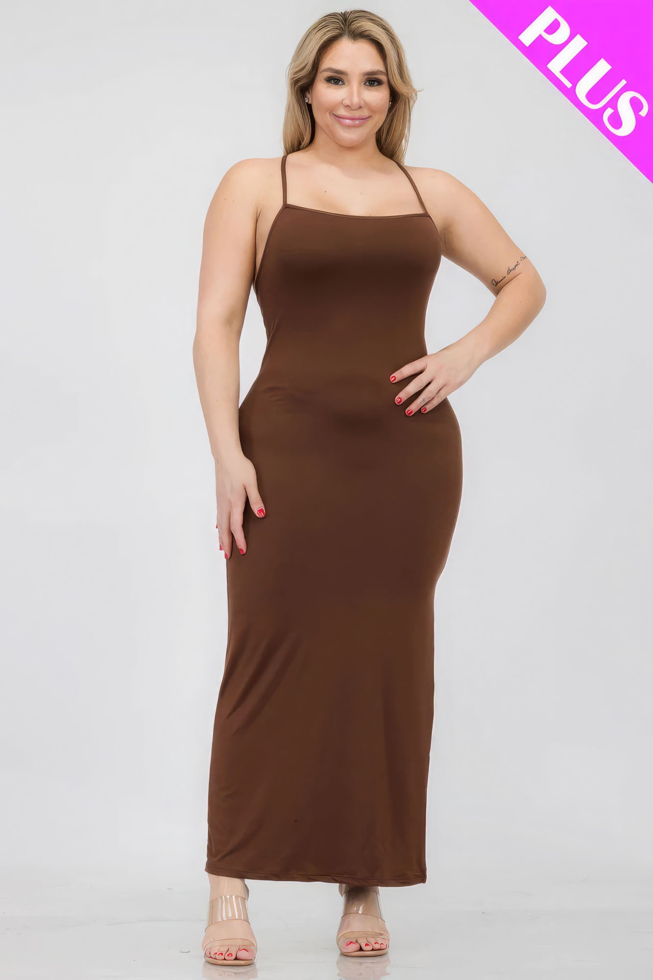 Plus Size Crisscross Back Split Thigh Maxi Dress – Polyester & Spandex, Alluring Split Thigh and Crisscross Back Design, Perfect for Special Events & Evening Outings