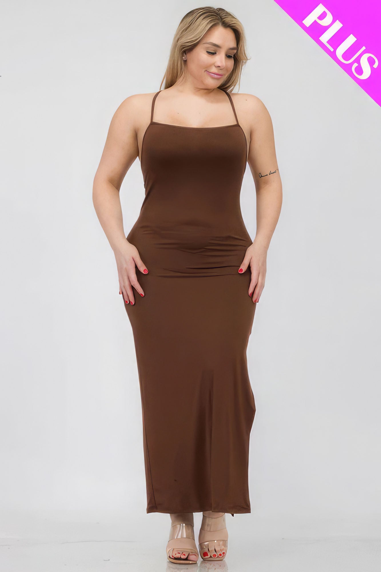 Plus Size Crisscross Back Split Thigh Maxi Dress – Polyester & Spandex, Alluring Split Thigh and Crisscross Back Design, Perfect for Special Events & Evening Outings