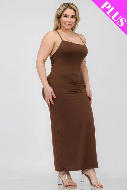 Plus Size Crisscross Back Split Thigh Maxi Dress – Polyester & Spandex, Alluring Split Thigh and Crisscross Back Design, Perfect for Special Events & Evening Outings