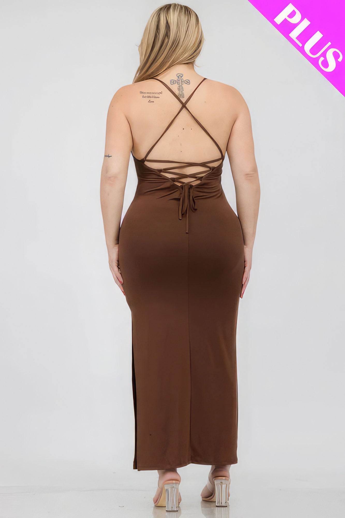 Plus Size Crisscross Back Split Thigh Maxi Dress – Polyester & Spandex, Alluring Split Thigh and Crisscross Back Design, Perfect for Special Events & Evening Outings