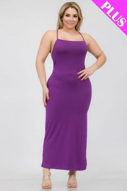 Plus Size Crisscross Back Split Thigh Maxi Dress – Polyester & Spandex, Alluring Split Thigh and Crisscross Back Design, Perfect for Special Events & Evening Outings