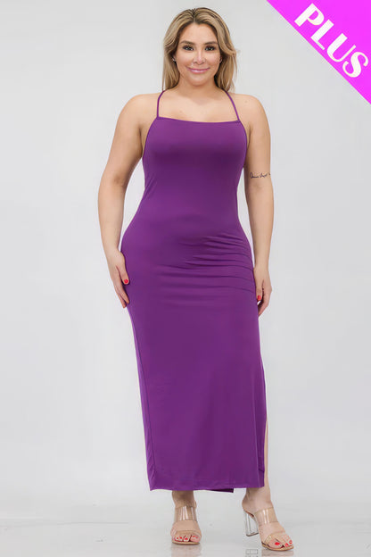 Plus Size Crisscross Back Split Thigh Maxi Dress – Polyester & Spandex, Alluring Split Thigh and Crisscross Back Design, Perfect for Special Events & Evening Outings