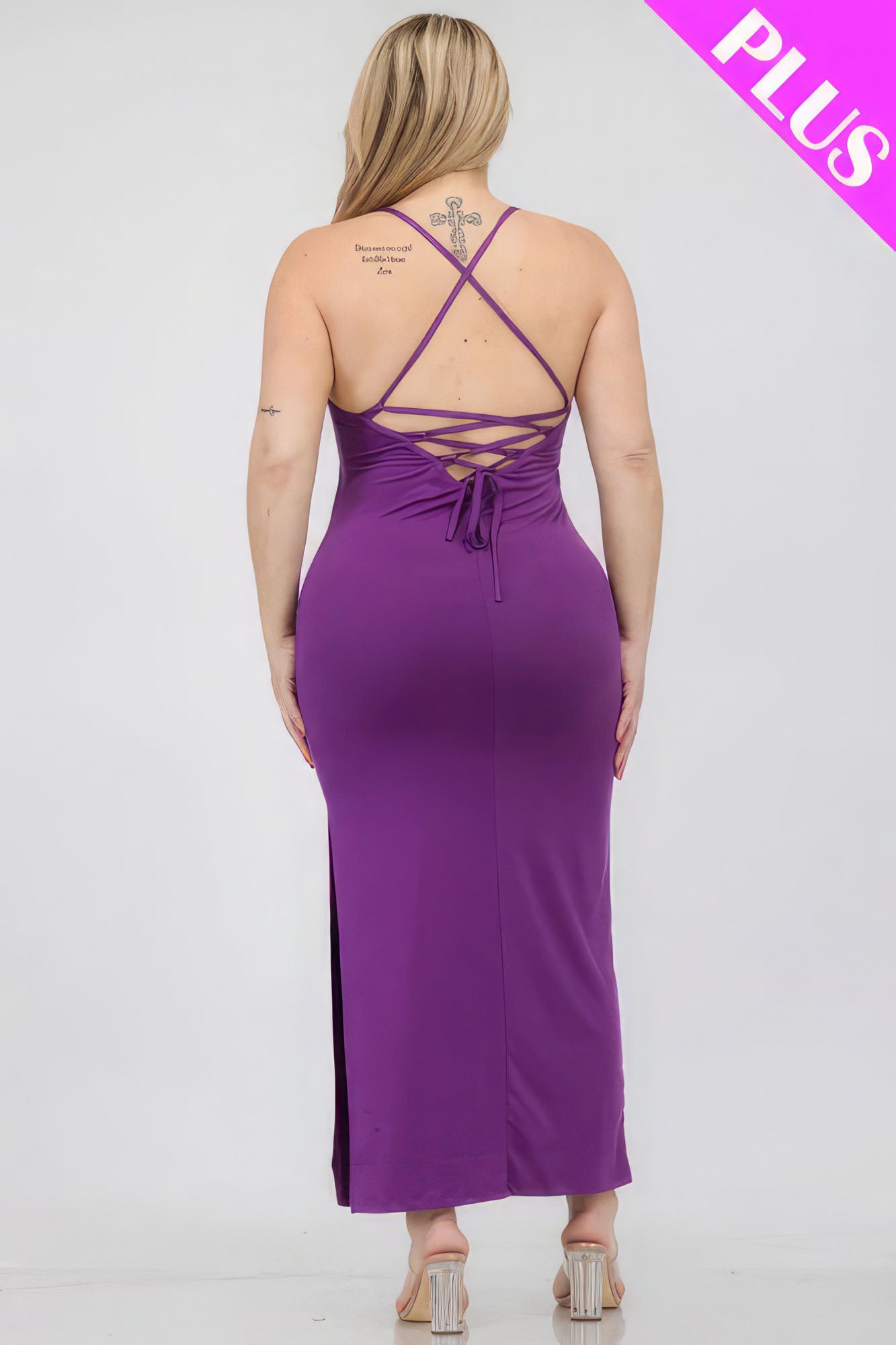 Plus Size Crisscross Back Split Thigh Maxi Dress – Polyester & Spandex, Alluring Split Thigh and Crisscross Back Design, Perfect for Special Events & Evening Outings