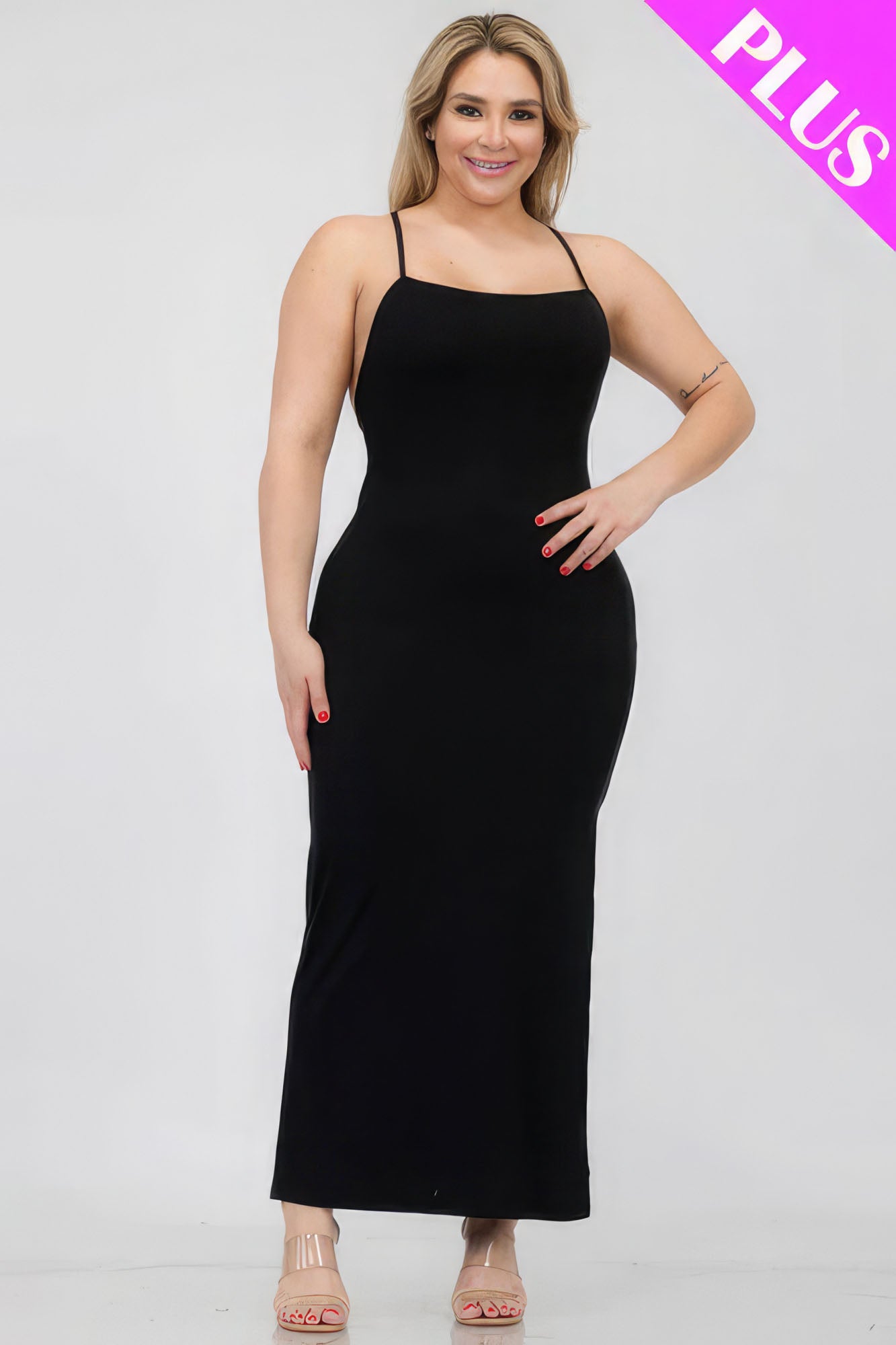 Plus Size Crisscross Back Split Thigh Maxi Dress – Polyester & Spandex, Alluring Split Thigh and Crisscross Back Design, Perfect for Special Events & Evening Outings