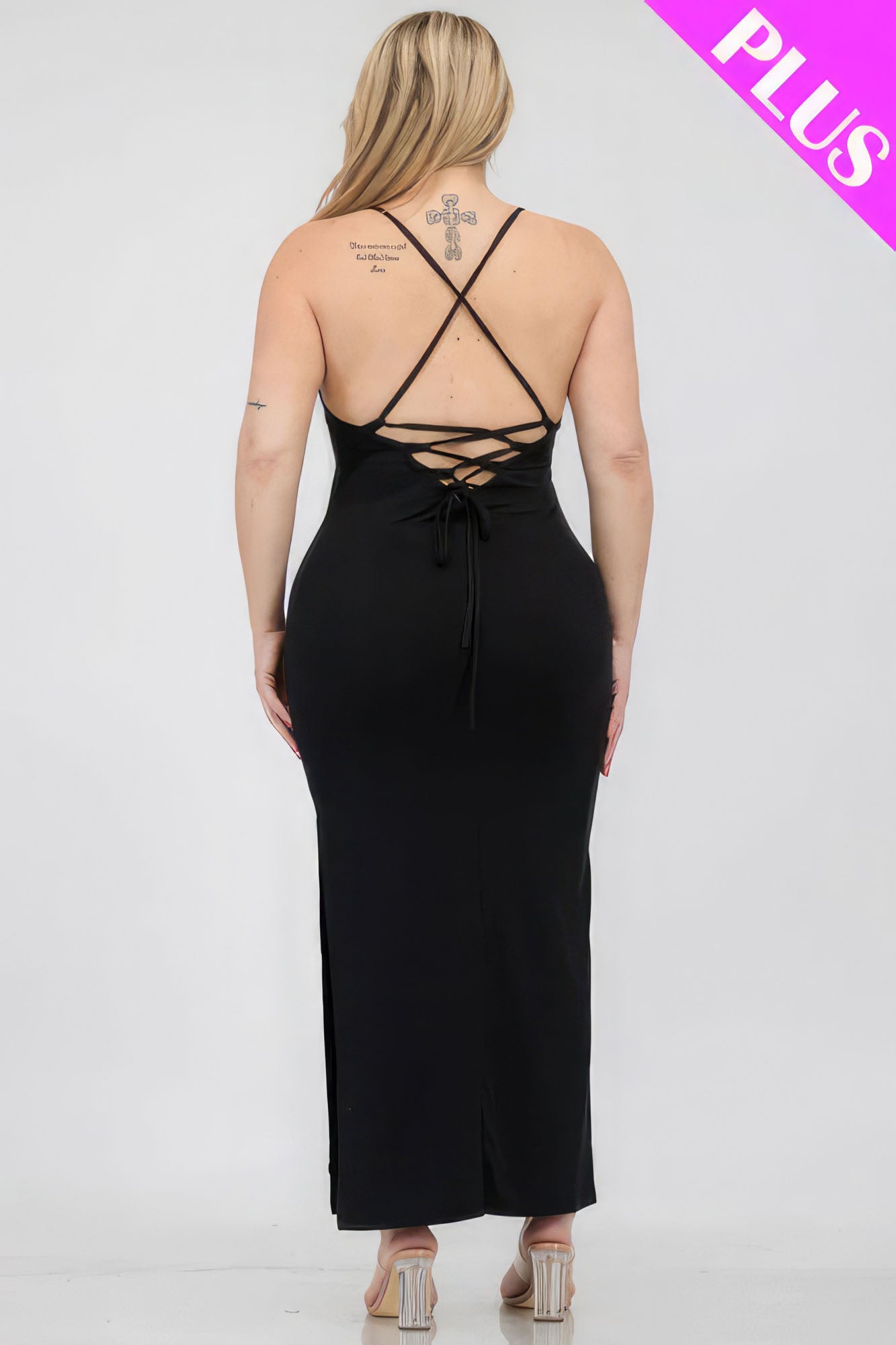 Plus Size Crisscross Back Split Thigh Maxi Dress – Polyester & Spandex, Alluring Split Thigh and Crisscross Back Design, Perfect for Special Events & Evening Outings