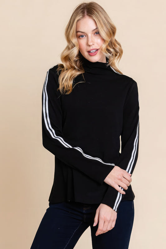 Long Sleeve Mock Neck Casual Top with Glitter Tape Contrast – Chic Polyester-Rayon-Spandex Blend, Perfect for Casual & Semi-Casual Looks