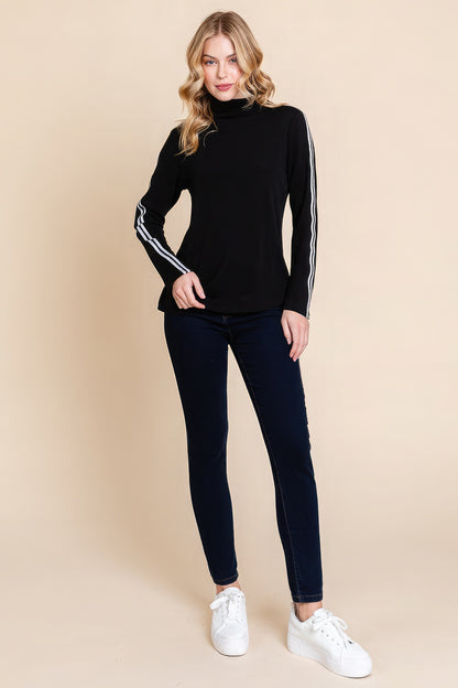 Long Sleeve Mock Neck Casual Top with Glitter Tape Contrast – Chic Polyester-Rayon-Spandex Blend, Perfect for Casual & Semi-Casual Looks