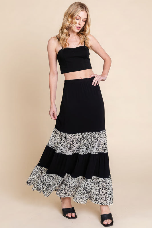 Long Tiered Contrast Fashion Skirt – Velvet Animal Print Mesh with Classic Black Contrast, Rayon-Spandex Blend for a Unique & Eye-Catching Look