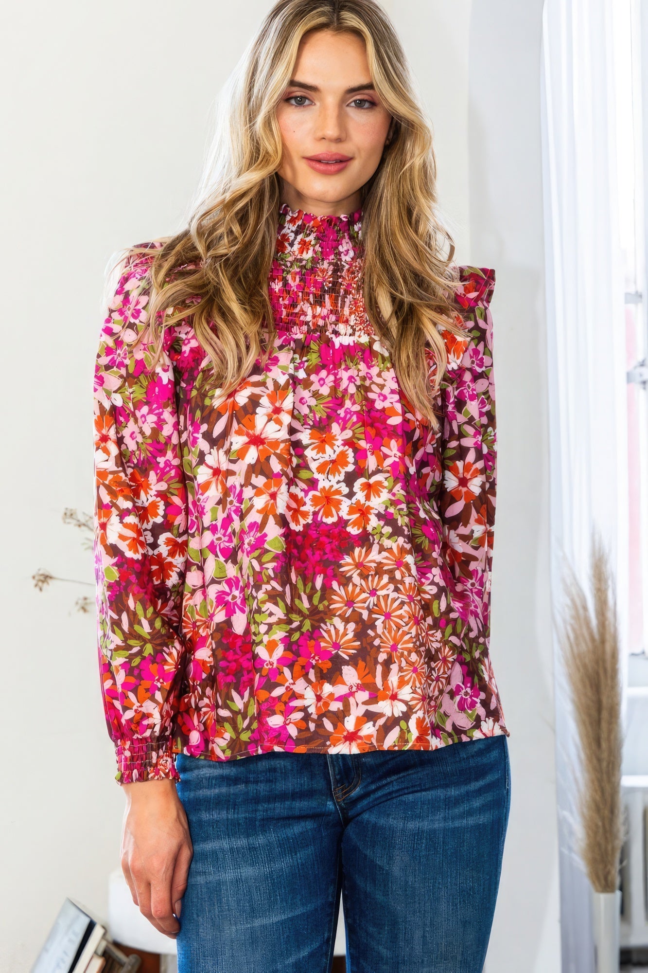 Floral Mock Neck Blouse with Smocked Yoke | Lightweight & Luxurious Dark Pink Design for Effortless Sophistication