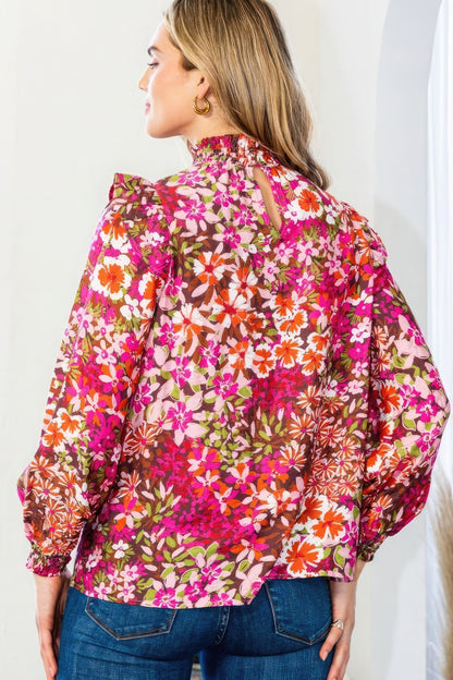 Floral Mock Neck Blouse with Smocked Yoke | Lightweight & Luxurious Dark Pink Design for Effortless Sophistication