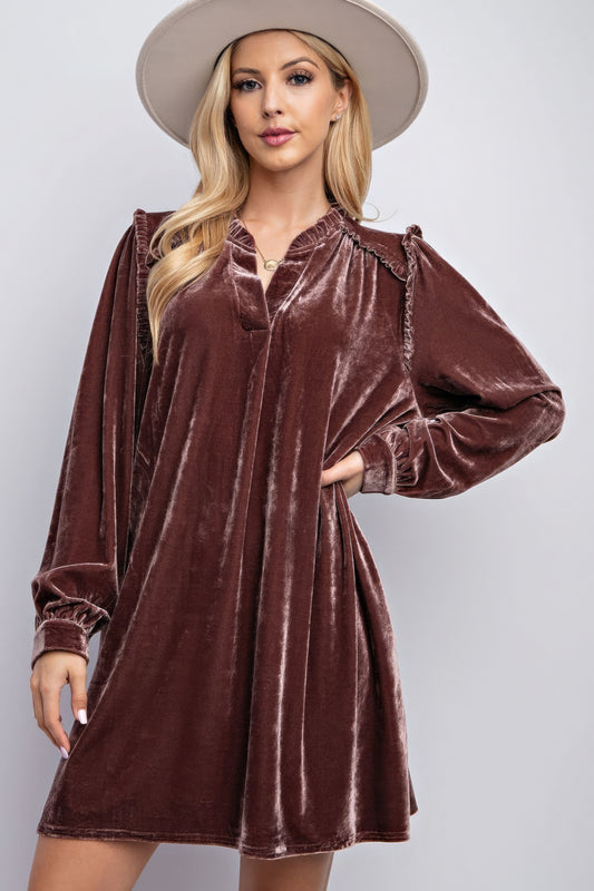 Velvet Mini Dress with Ruffle Detailing & V-Neck – Soft & Stretchy Polyester-Spandex Blend, High-Low Hem, Side Pockets, and Relaxed Fit