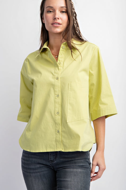 Half Sleeve Stretch Poplin Button Down Shirt – Collared Neckline, Big Front Pocket, Cotton Blend