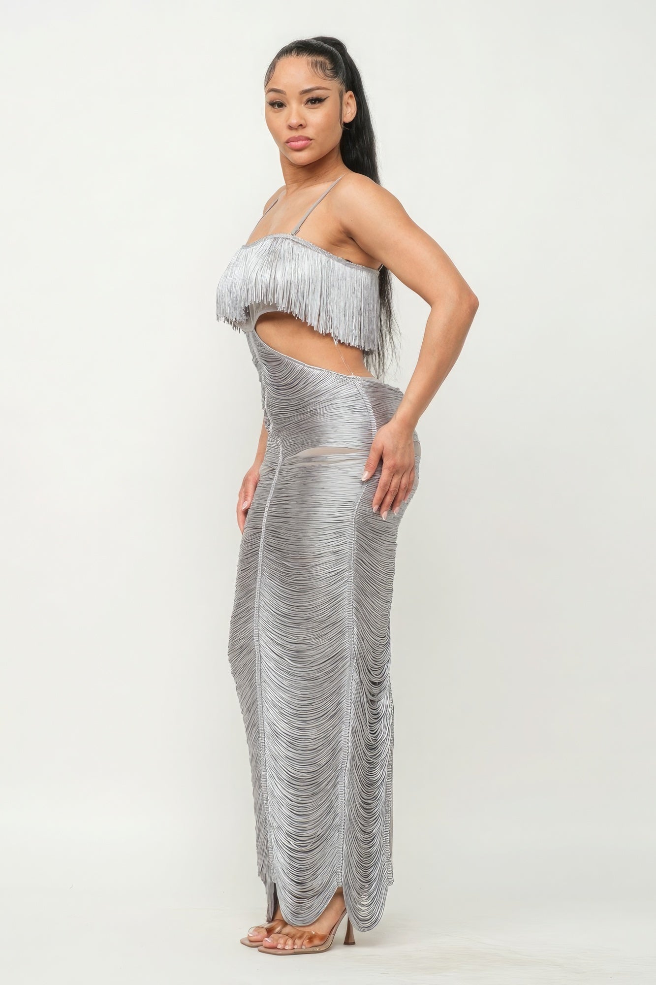 Lux Fringe Maxi Dress – Fringe Detailing for Glamour & Movement, Flattering Silhouette, Nylon Blend for Sophistication & Comfort