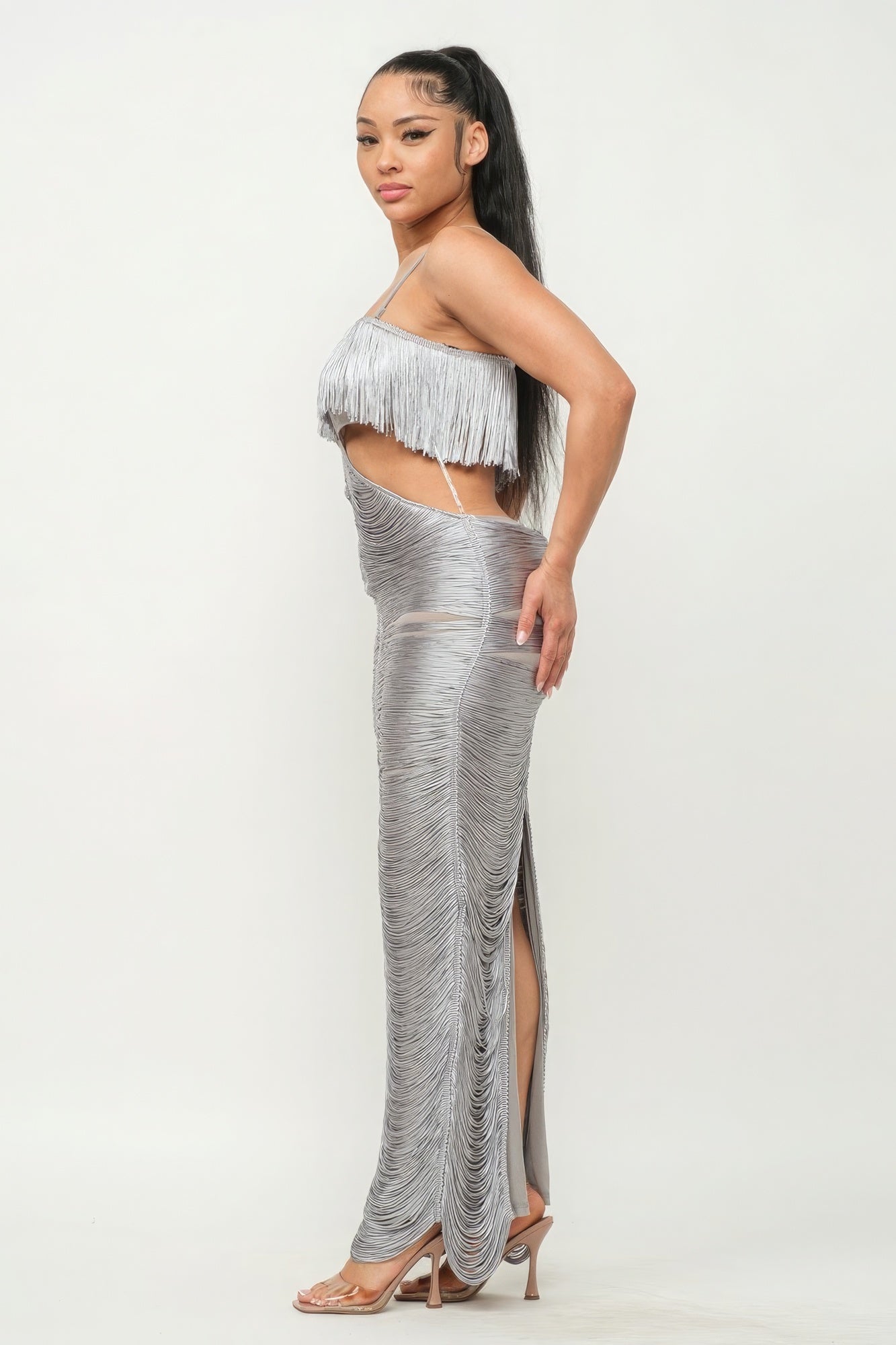 Lux Fringe Maxi Dress – Fringe Detailing for Glamour & Movement, Flattering Silhouette, Nylon Blend for Sophistication & Comfort