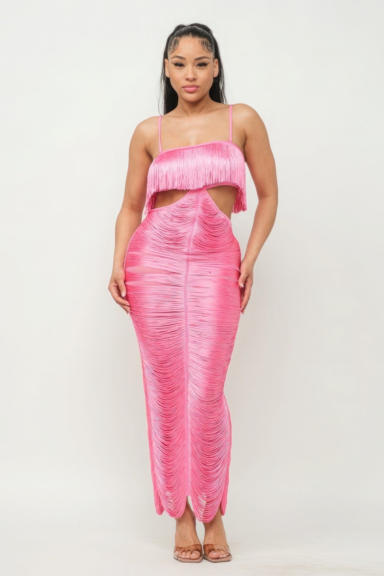 Lux Fringe Maxi Dress – Fringe Detailing for Glamour & Movement, Flattering Silhouette, Nylon Blend for Sophistication & Comfort